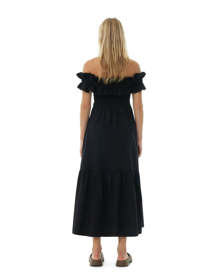 ganni Cotton Poplin Long Smock Dress black on figure back