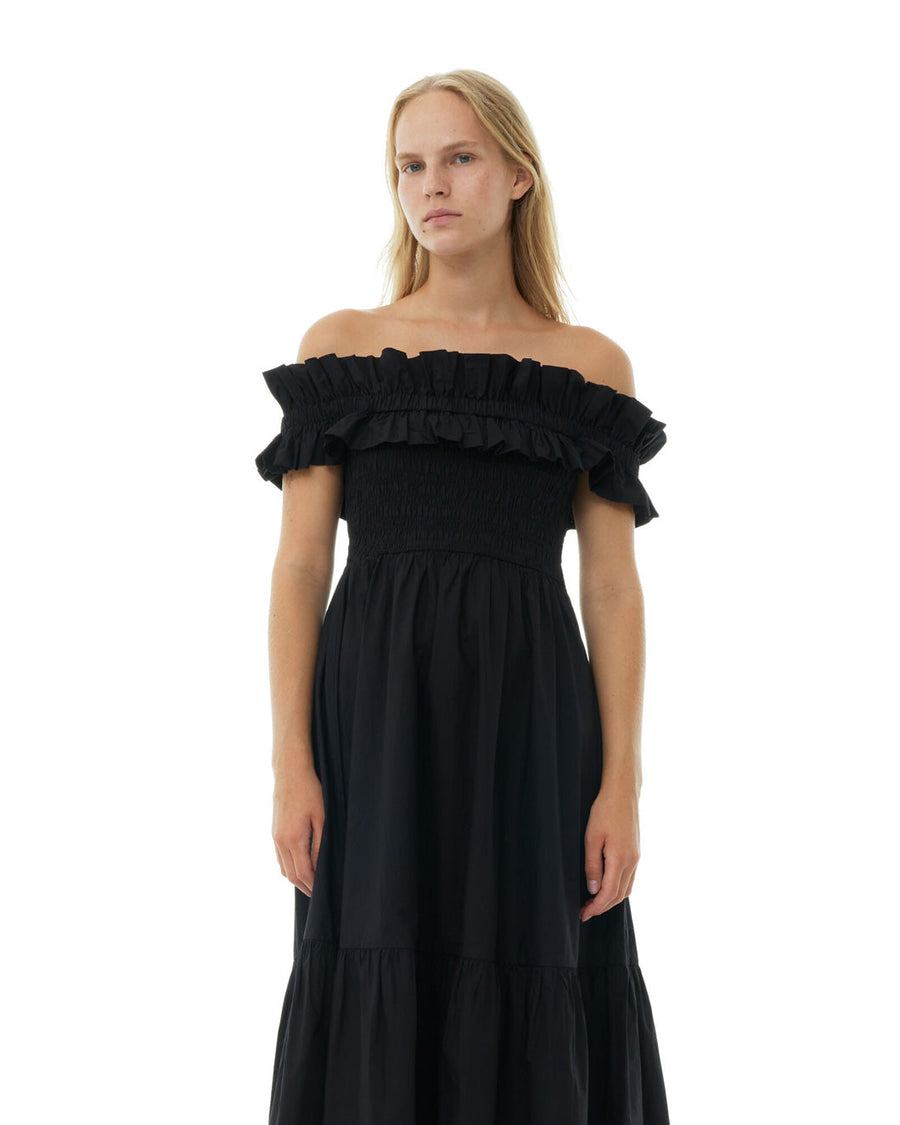 ganni Cotton Poplin Long Smock dress black on figure front