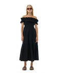 ganni Cotton Poplin Long Smock Dress black on figure front