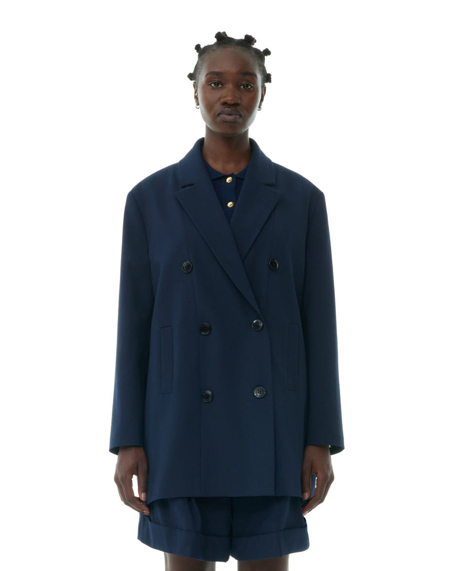 ganni navy blue light oversized solid blazer on figure front