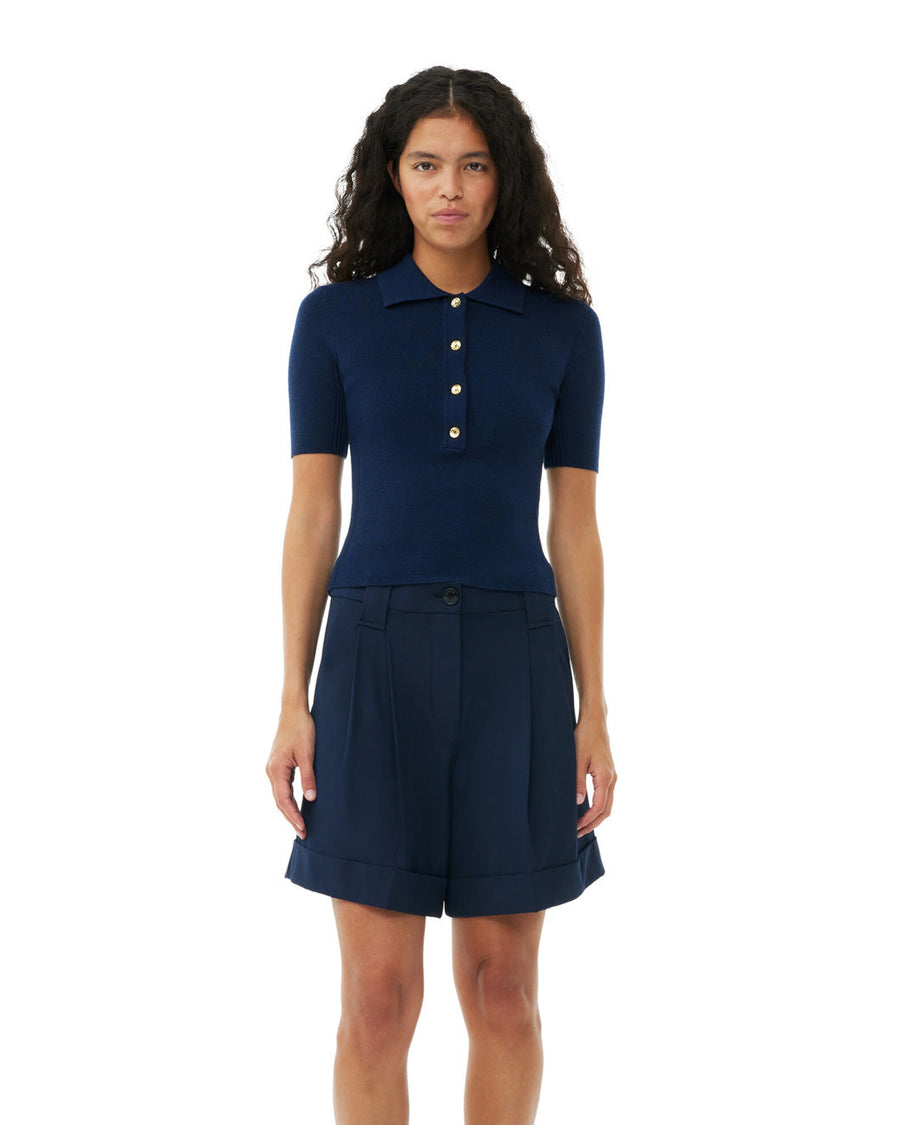ganni navy blue light solid shorts on figure front
