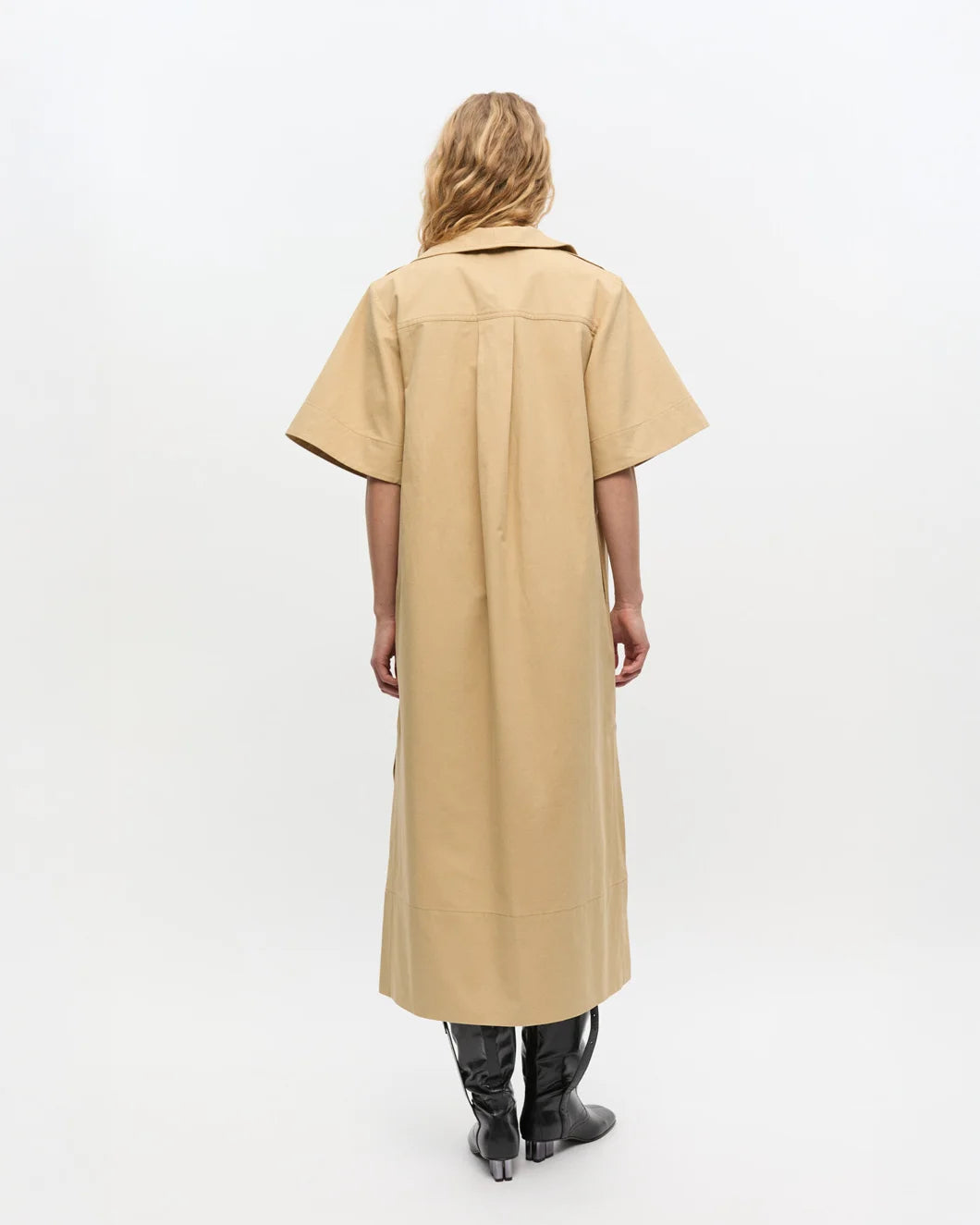 ganni Classic Summer Suiting Cowl Neck Long Dress pale khaki back