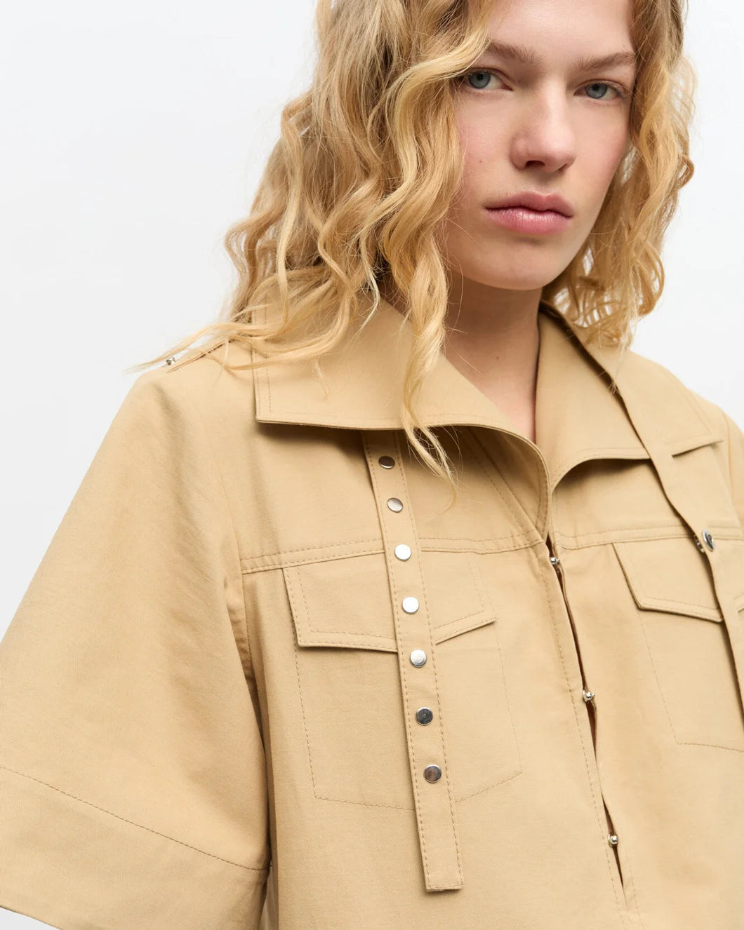 ganni Classic Summer Suiting Cowl Neck Long Dress pale khaki collar detail