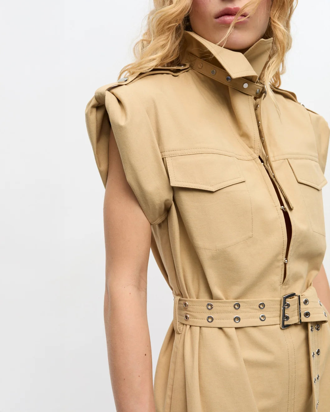 ganni Classic Summer Suiting Cowl Neck Long Dress pale khaki side