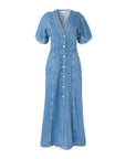 ganni future denim maxi dress mid blue stone dress isolated