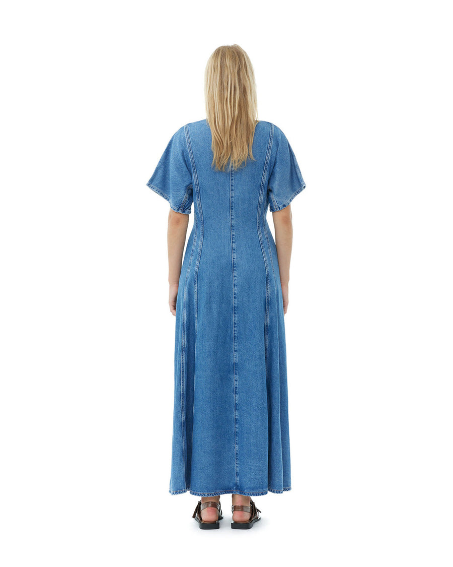 ganni future denim maxi dress mid blue stone dress on figure back