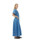 ganni future denim maxi dress mid blue stone dress on figure side