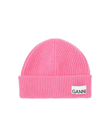 ganni light structured rib knit beanie dark pink