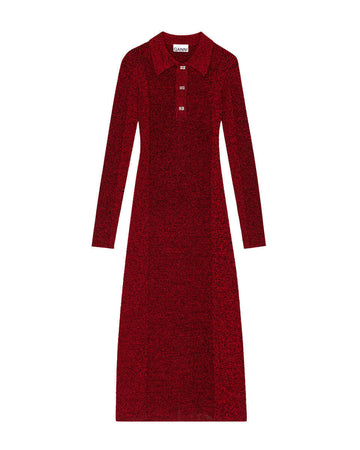 ganni melange rib long sleeve polo dress red