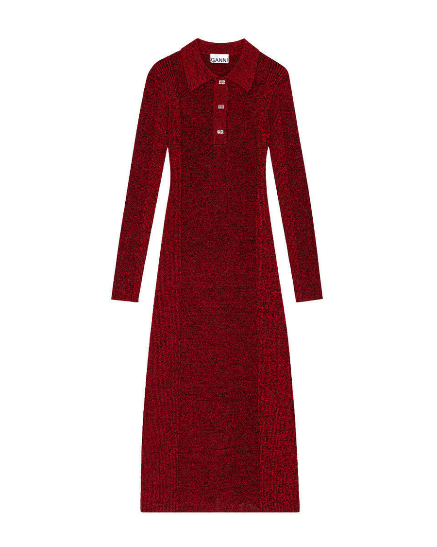 ganni melange rib long sleeve polo dress red