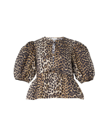 ganni leopard cotton poplin peplum tie blouse shirt 
