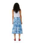 ganni bleach denim flounce midi skirt blue and white denim wash on figure back