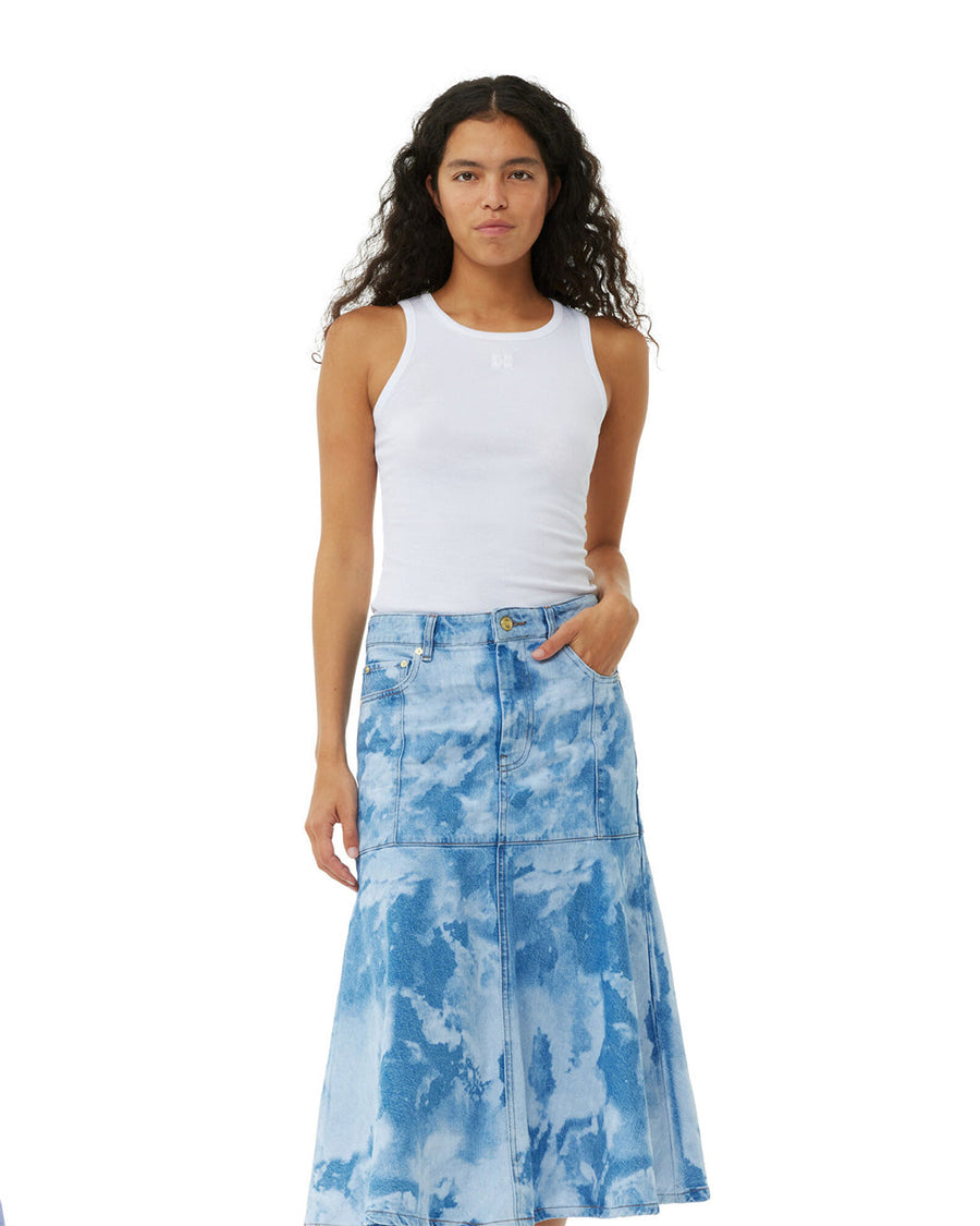 ganni bleach denim flounce midi skirt blue and white denim wash on figure front