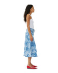 ganni bleach denim flounce midi skirt blue and white denim wash on figure side