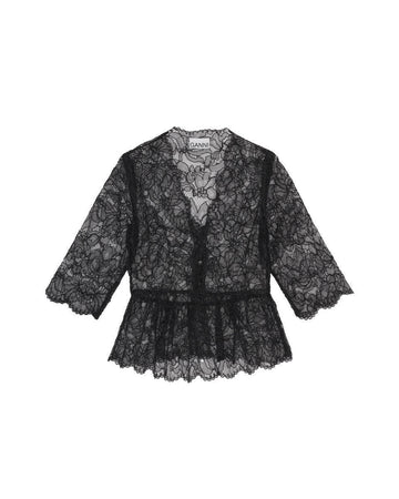 ganni light lace v neck blouse black front