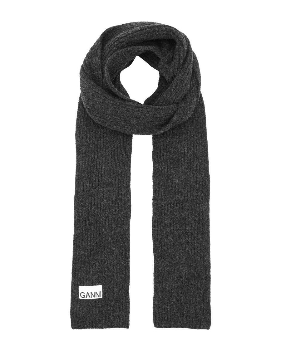 ganni light structured rib knit thin scarf grey