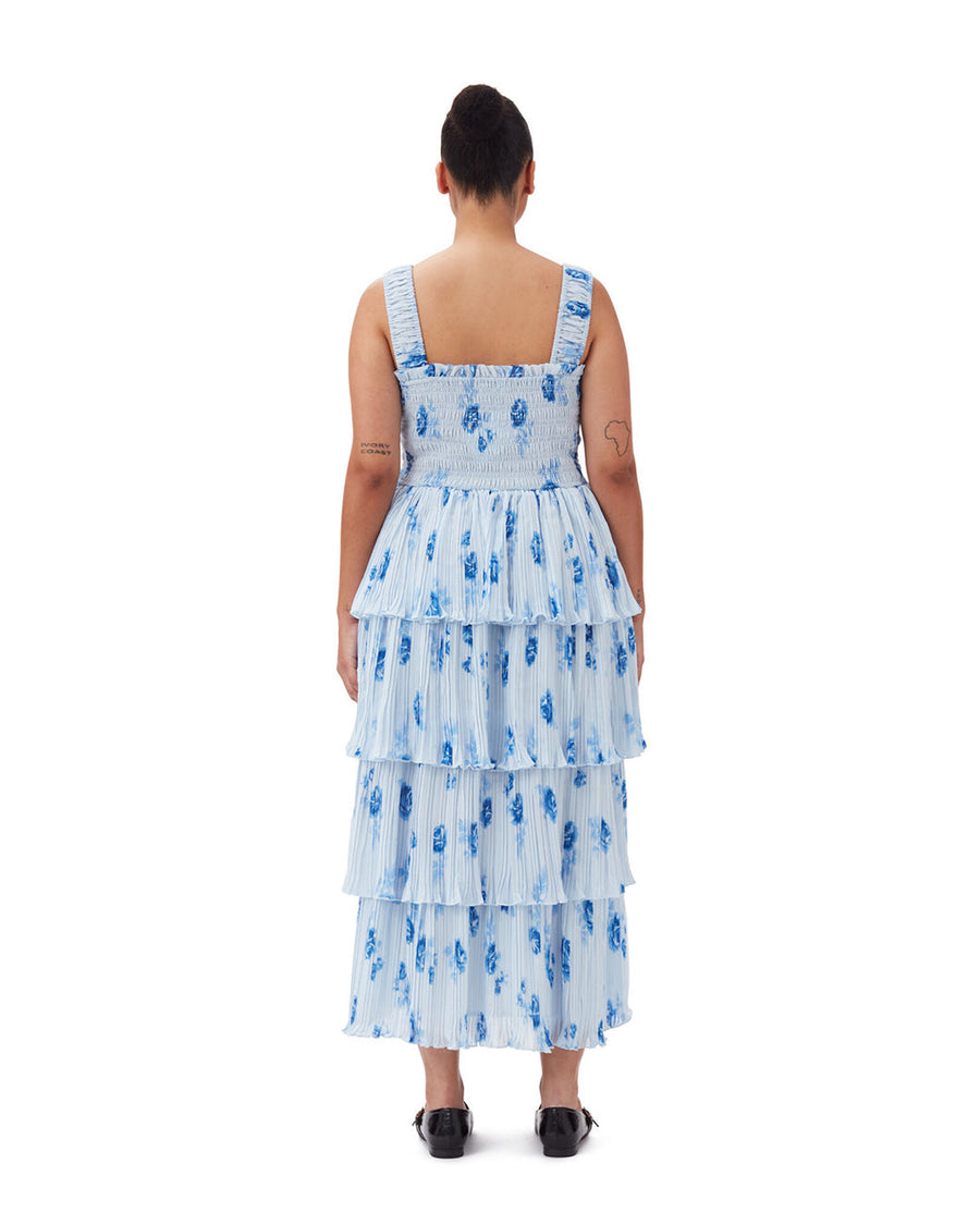 ganni pleated georgette smock midi strap heather dress blue and white dress on figure back