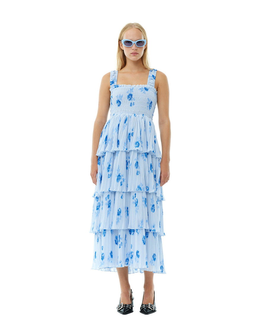 ganni pleated georgette smock midi strap heather dress blue and white dress on figure front