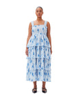 ganni pleated georgette smock midi strap heather dress blue and white dress on figure front
