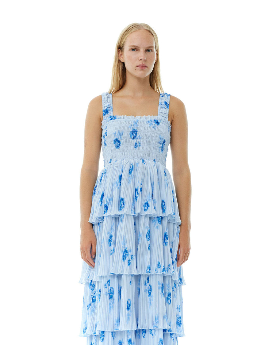 ganni pleated georgette smock midi strap heather dress blue and white dress on figure front detail