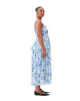 ganni pleated georgette smock midi strap heather dress blue and white dress on figure side