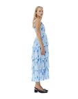 ganni pleated georgette smock midi strap heather dress blue and white dress on figure side