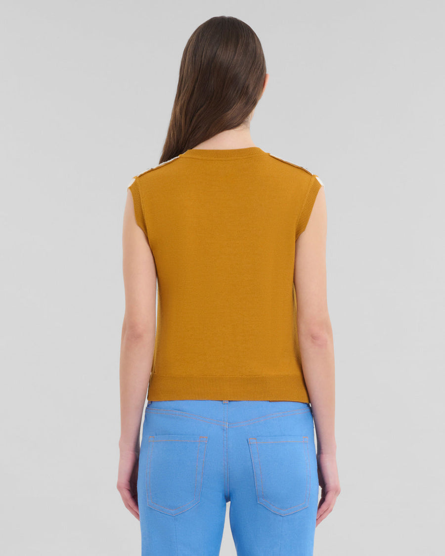 marni v neck sleeveless sweater half and half geometric pattern orange on figure back