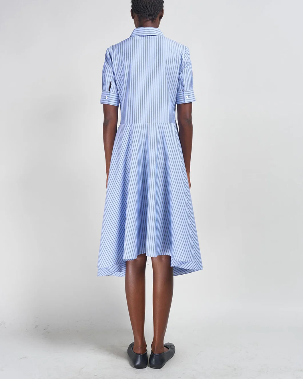 marni polo shirtdress with flared hem blue stripe on model back view