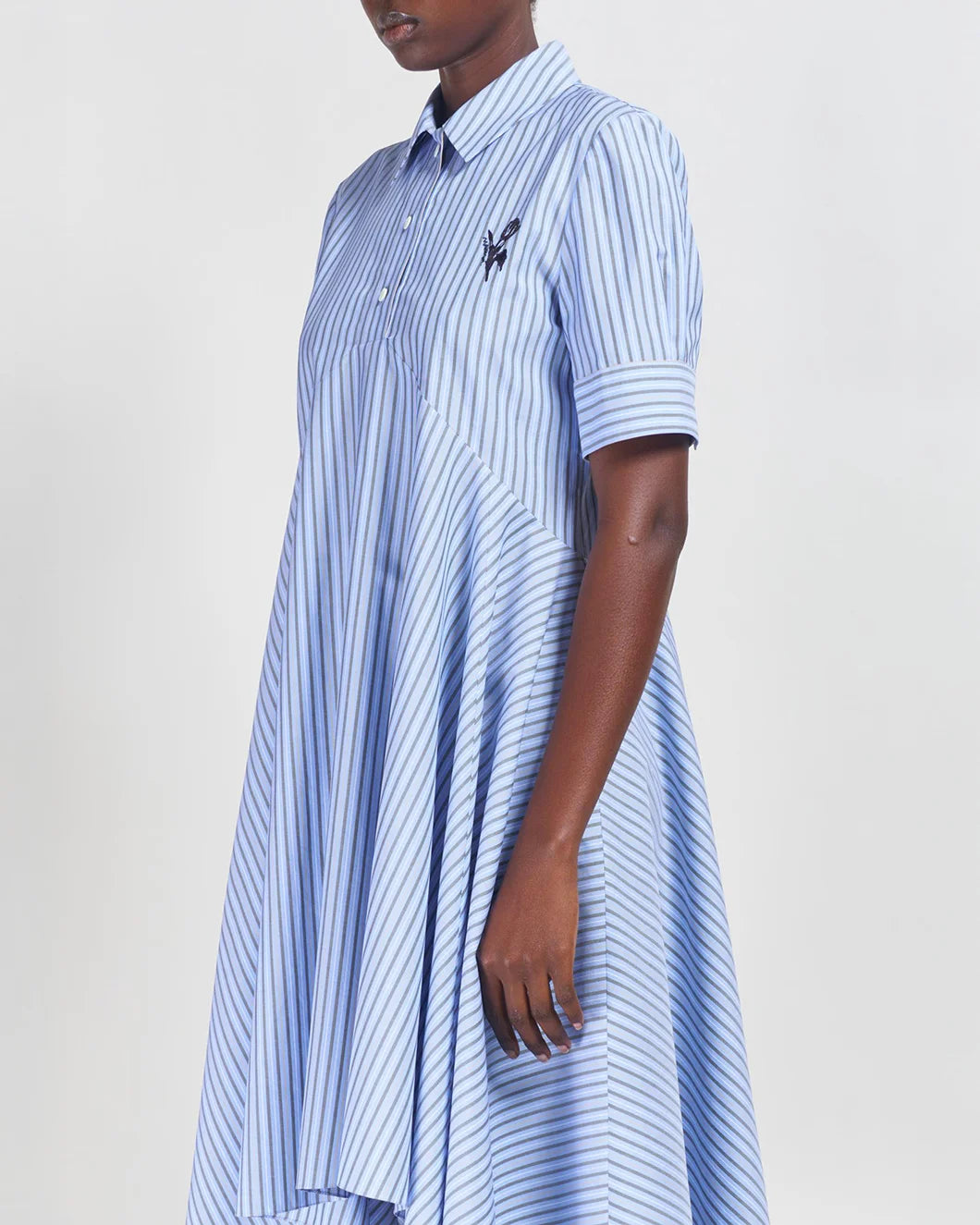 marni polo shirtdress with flared hem blue stripe on model side view