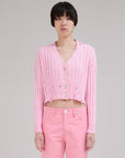 marni dishevelled rib cotton cardigan pink gummy on figure front