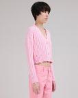 marni dishevelled rib cotton cardigan pink gummy on figure side