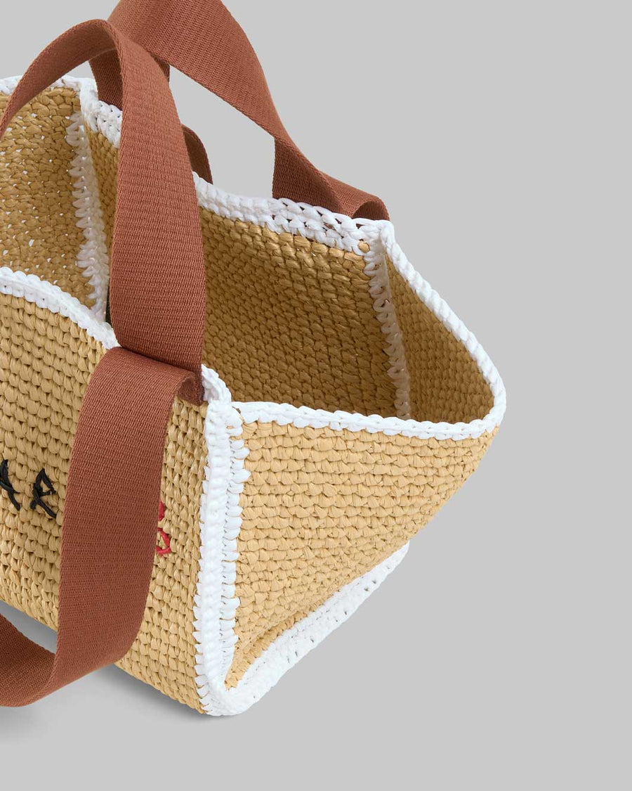 marni natural macrame sillo small shopper light brown yellow and white trim bag isolated above