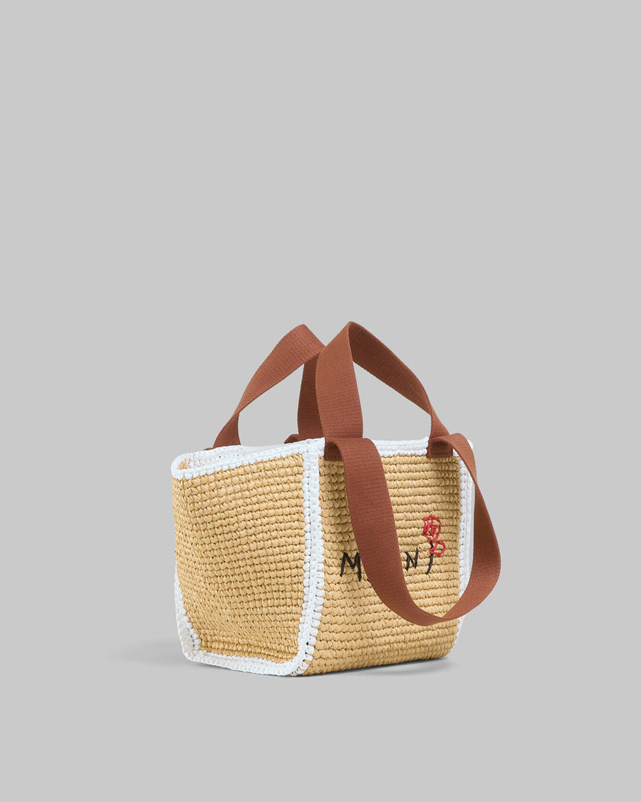 marni natural macrame sillo small shopper light brown yellow and white trim bag isolated side