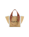 marni natural macrame sillo small shopper light brown yellow and white trim bag isolated
