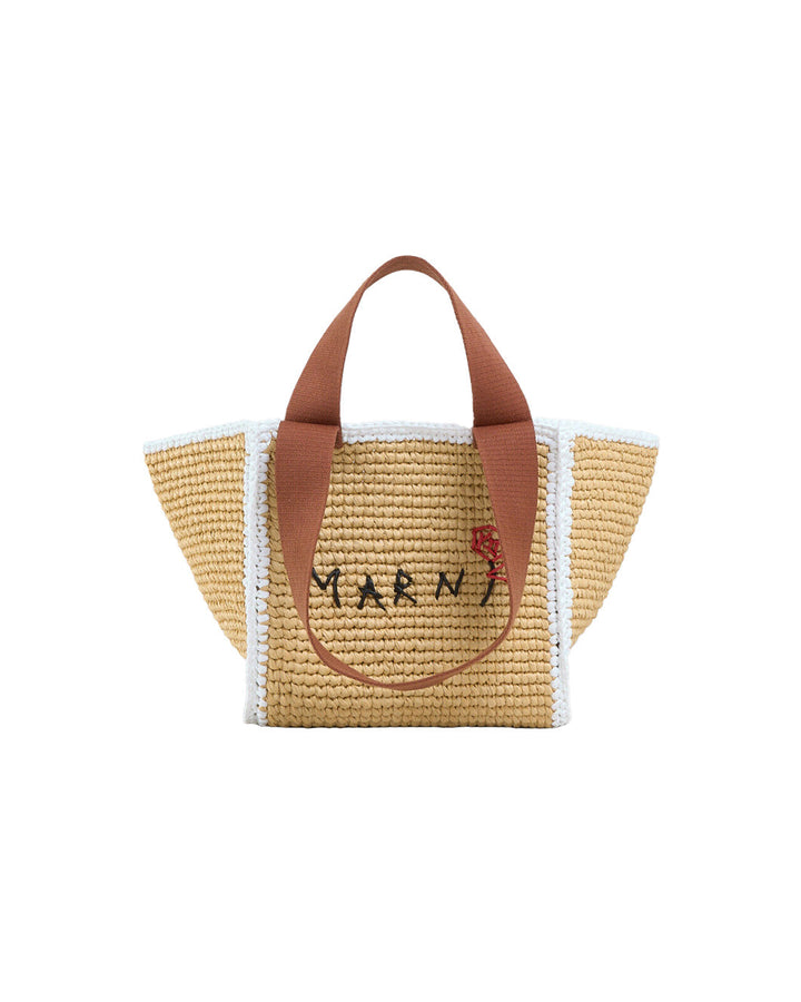 marni natural macrame sillo small shopper light brown yellow and white trim bag isolated