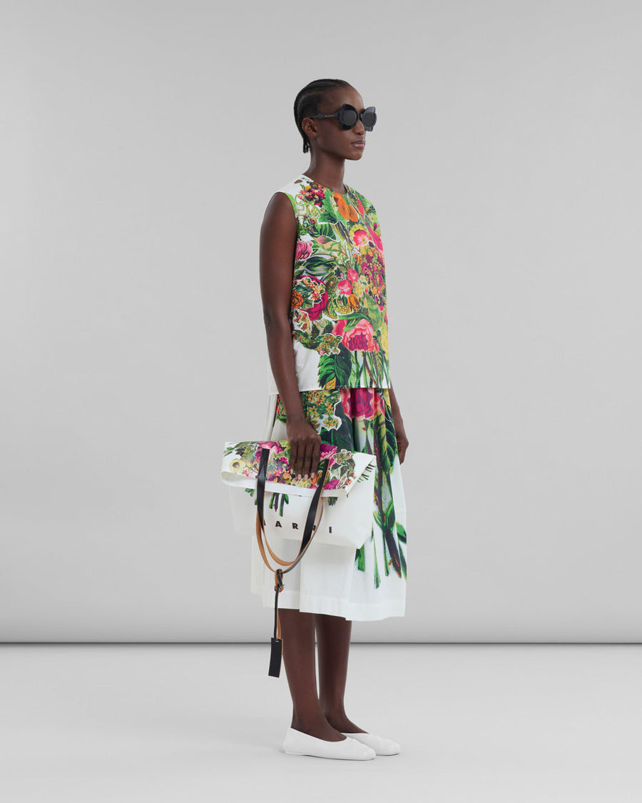 marni white poplin skirt with mystical bloom print white and colors skirt on figure side