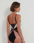 patbo Colorblock Halterneck Swimsuit black white pink on figure back