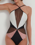patbo Colorblock Halterneck Swimsuit black white pink on figure front