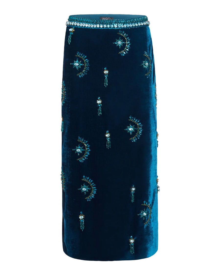 patbo hand beaded velvet midi skirt blue front