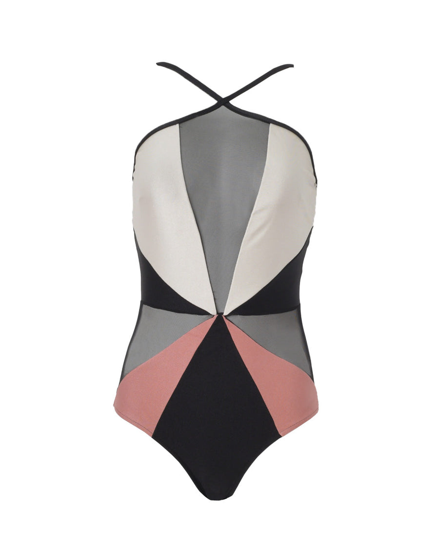 patbo Colorblock Halterneck Swimsuit black white pink on front