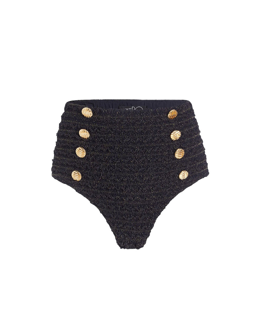 patbo crinkle lurex bikini bottom black fabric with gold buttons beachwear isolated