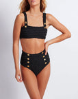 patbo crinkle lurex bikini bottom black fabric with gold buttons beachwear on figure detail
