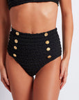     patbo crinkle lurex bikini bottom black fabric with gold buttons beachwear on figure front detail
