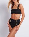     patbo crinkle lurex bikini bottom black fabric with gold buttons beachwear on figure side