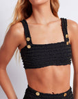 patbocrinkle lurex bikini top black fabric with gold buttons beachwear on figure front detail