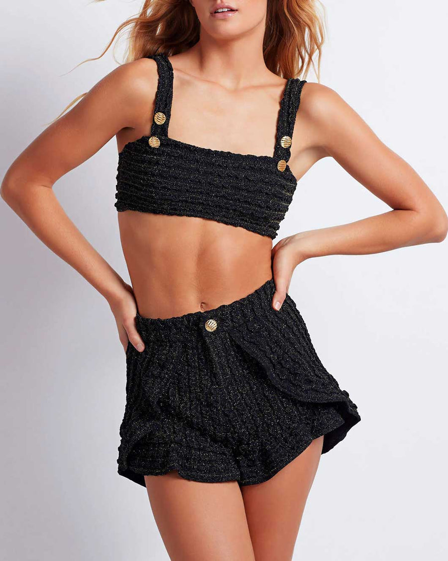     patbo crinkle lurex bikini top black fabric with gold buttons beachwear on figure front detail