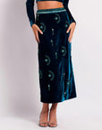 patbo hand beaded velvet midi skirt blue figure front