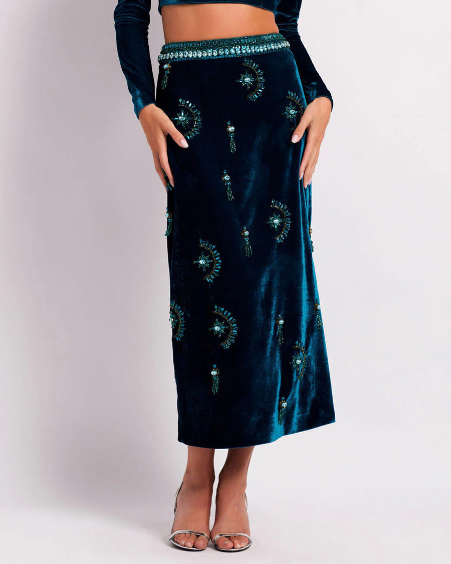 patbo hand beaded velvet midi skirt blue figure front