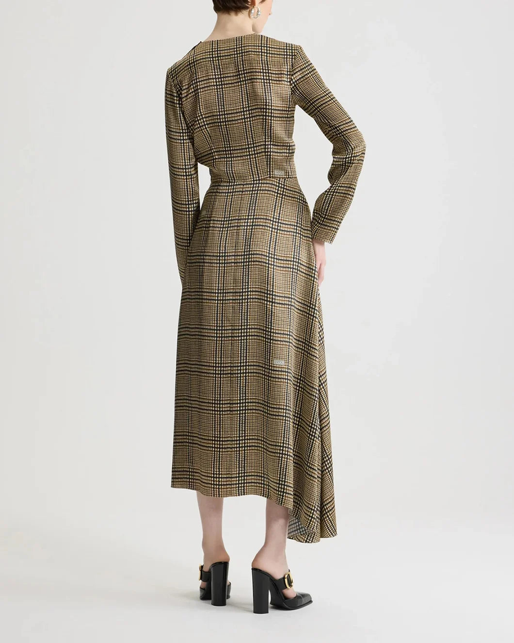 patou asymmetric midi dress in printed organic silk prince of wales plaid brown on model back