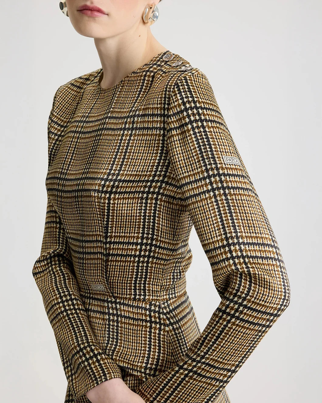 patou asymmetric midi dress in printed organic silk prince of wales plaid brown on model side